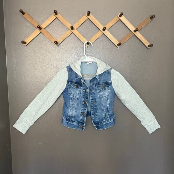 SO Hooded Denim Jacket girls medium 8 kohls Grey Sweatshirt Sleeves - Picture 1 of 4